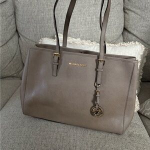 MICHAEL KORS Taupe Saffiano Leather Tote with MK Charm